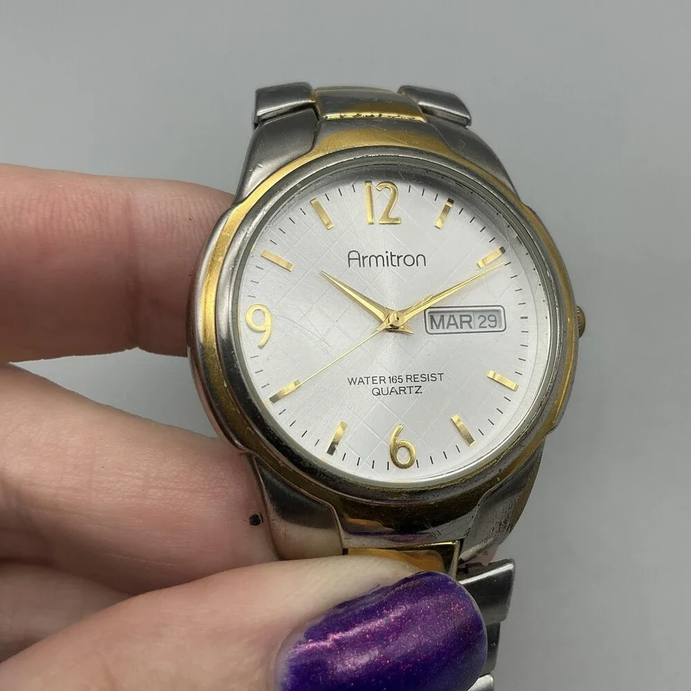 Armitron Mens Watch 36mm Gold Silver Tone Expansion Band Day Date New Battery